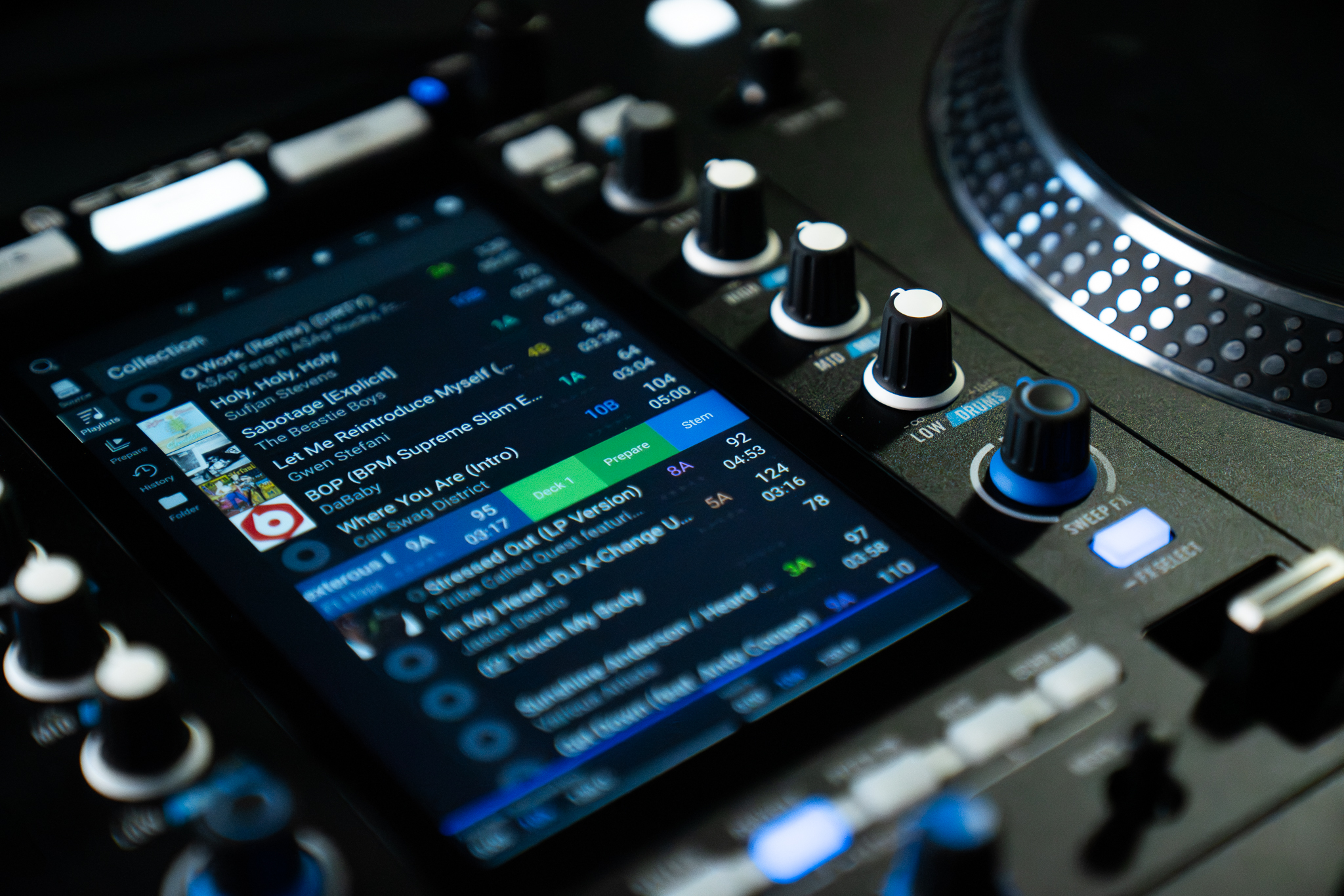 Engine DJ playlist view with Stem mode active